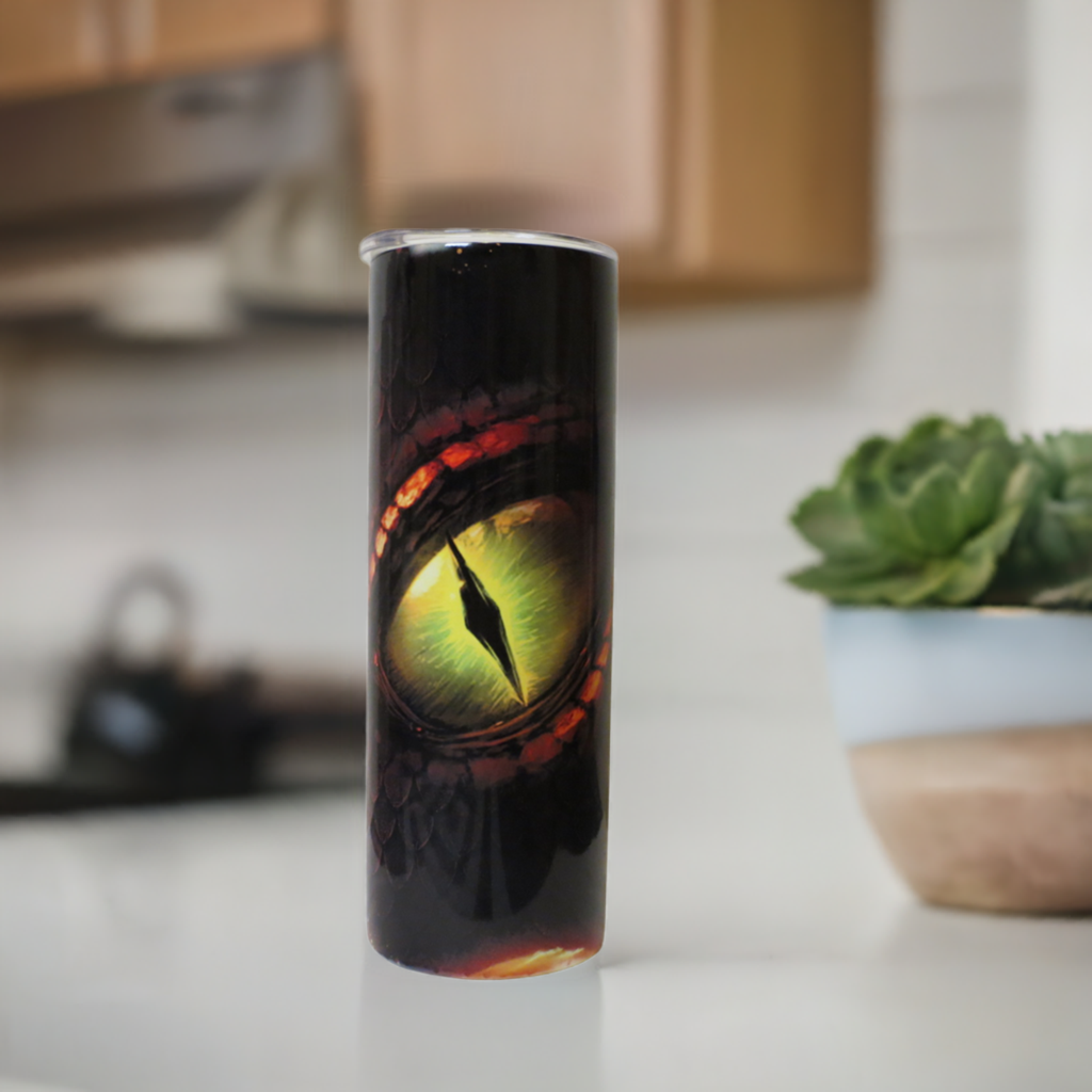 20 oz Metal Tumbler With Straw Eye Of A Dragon With Fire