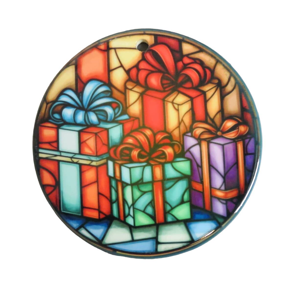 2 Sided Christmas Ornament Santa Presents Ceramic Stained glass Look