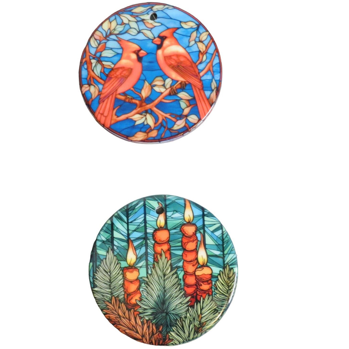 Christmas Ornament Ceramic 3 in Cardinals Candles 2 Sided Round