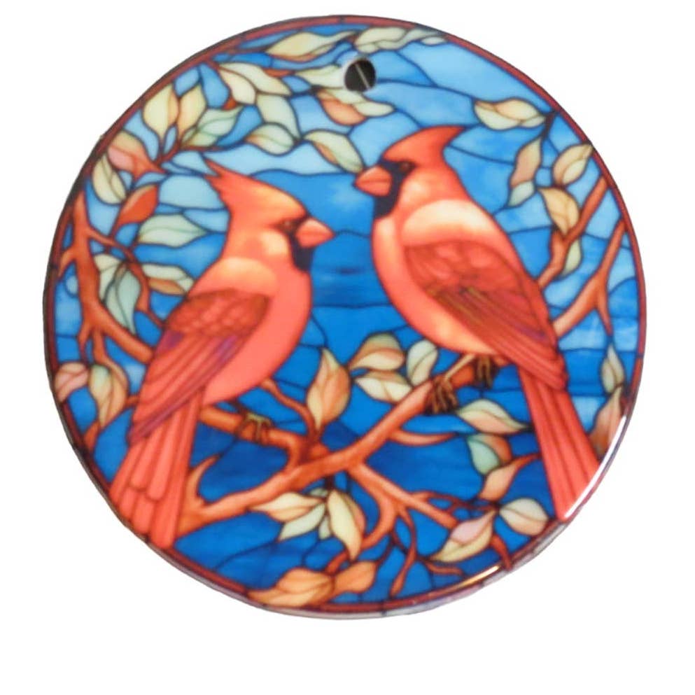 Christmas Ornament Ceramic 3 in Cardinals Candles 2 Sided Round