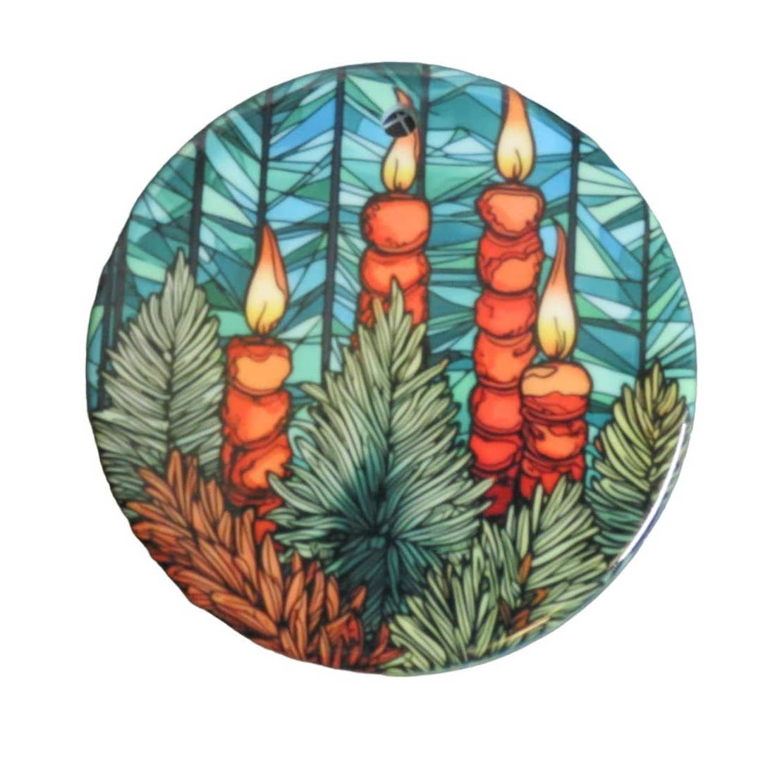 Christmas Ornament Ceramic 3 in Cardinals Candles 2 Sided Round