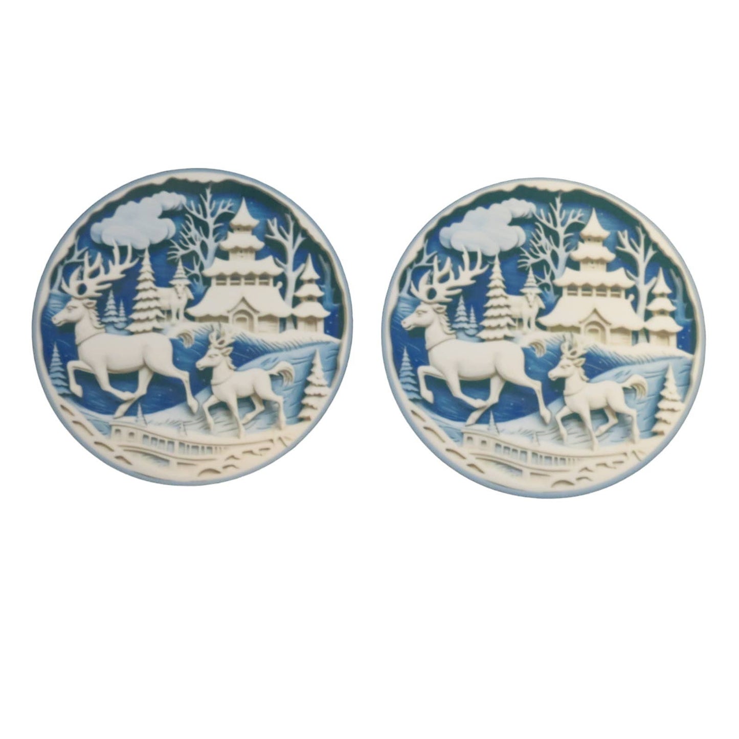 Set Of 2 Coasters Winter Scene 4inch Round Horse Christmas