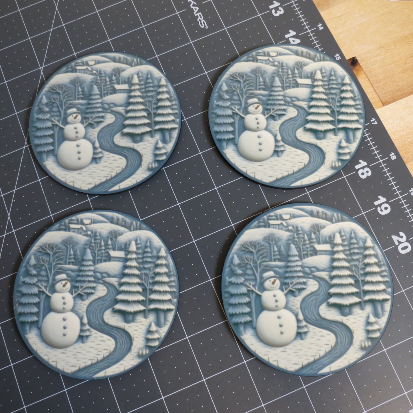 Set of 4 Round Winter Scene Coaster  4inch White Blue Christmas Decor