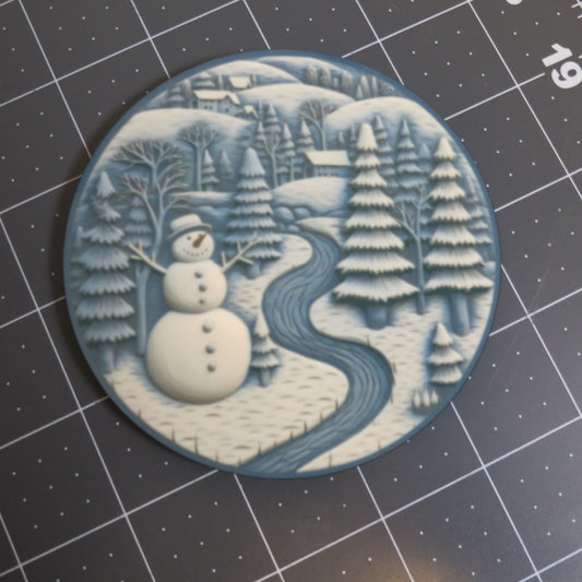 Set of 4 Round Winter Scene Coaster  4inch White Blue Christmas Decor