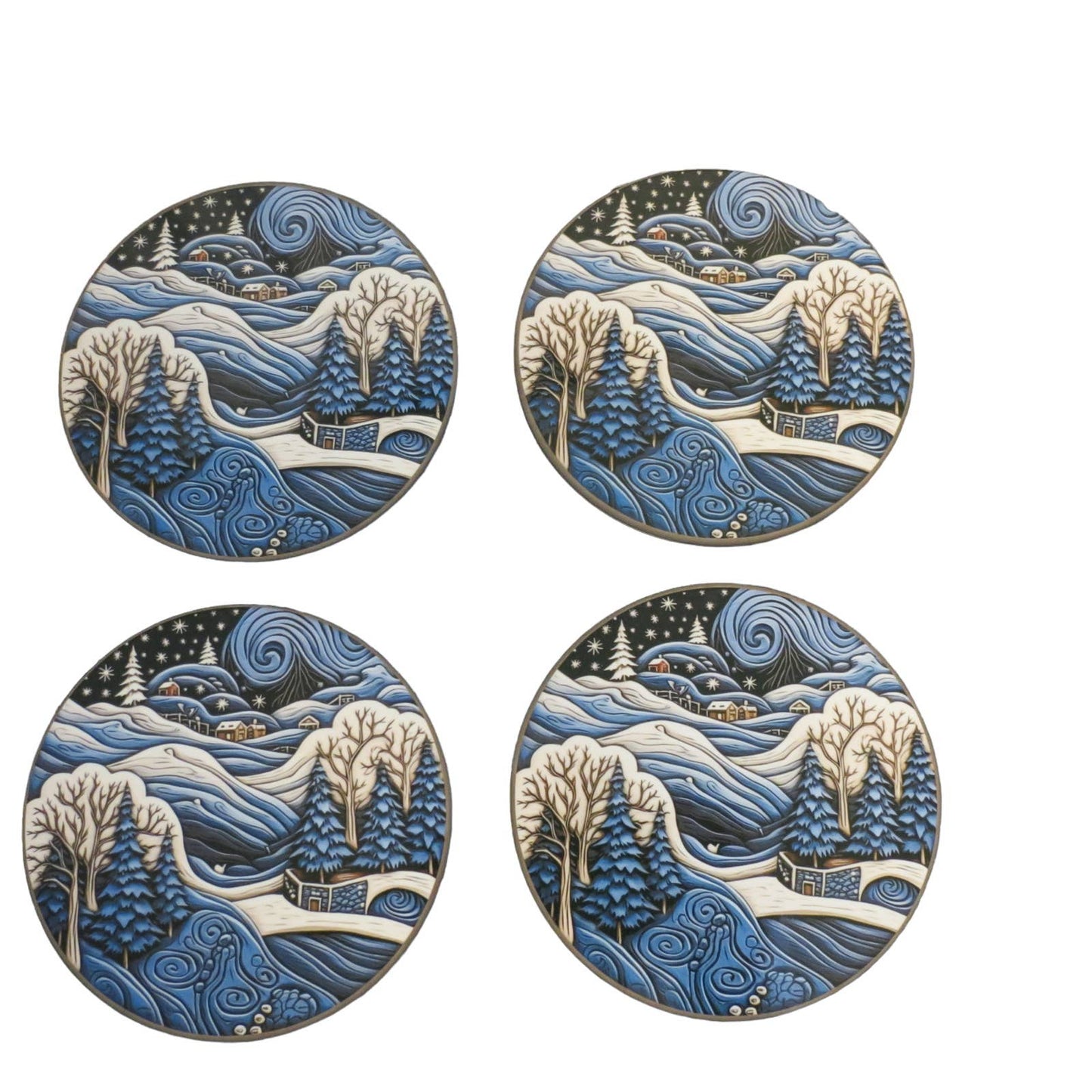 Set Of 4 Coasters Winter Scene 4 Inch Hardboard Blue