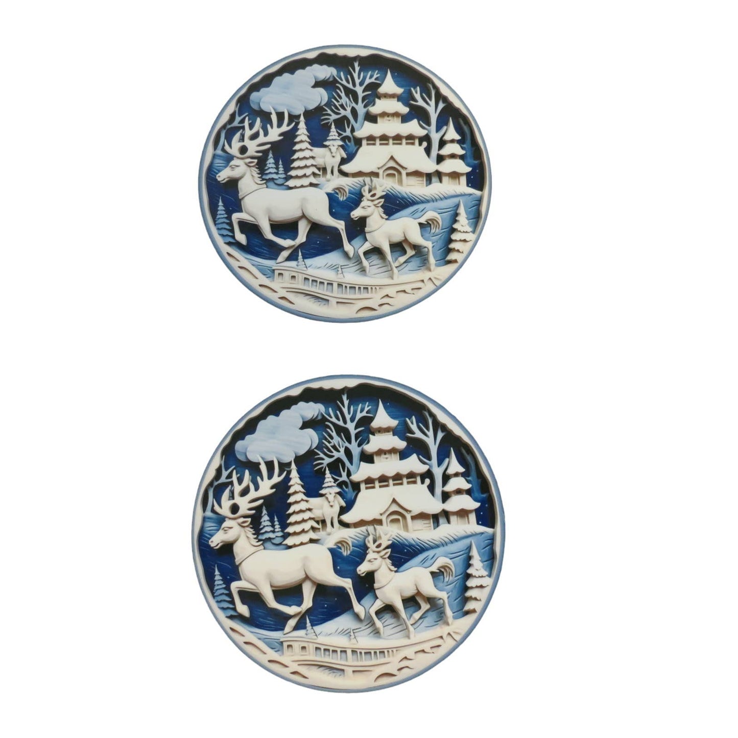 Set Of 2 Coasters Winter Scene 4inch Round Horse Christmas