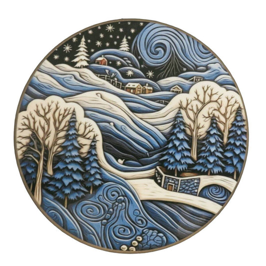 Set Of 4 Coasters Winter Scene 4 Inch Hardboard Blue