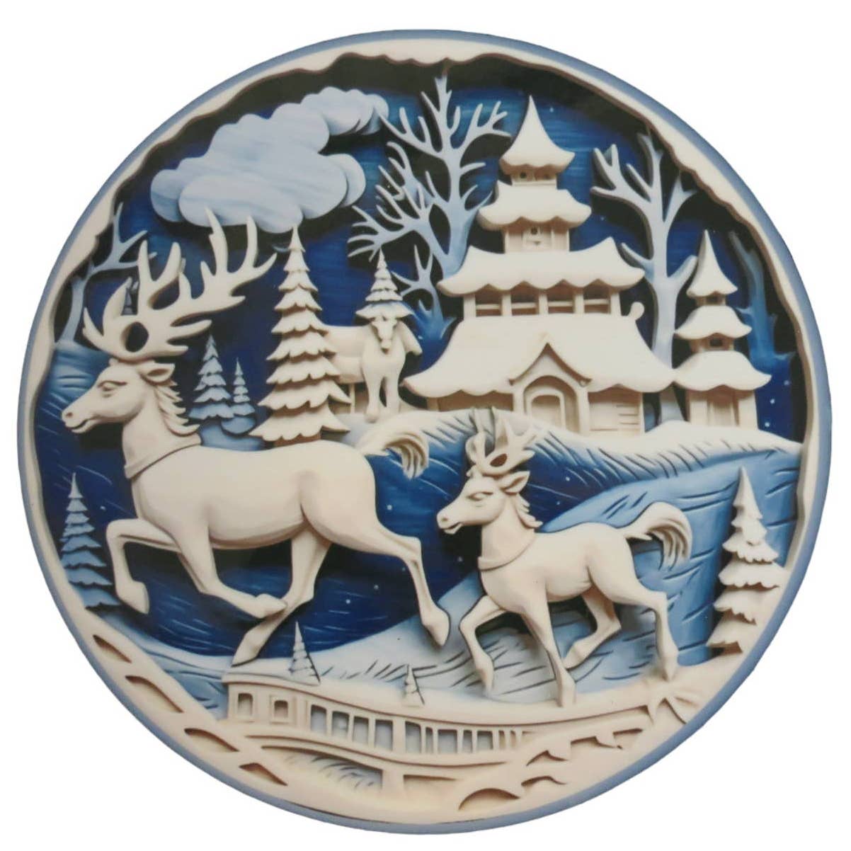 Set Of 2 Coasters Winter Scene 4inch Round Horse Christmas