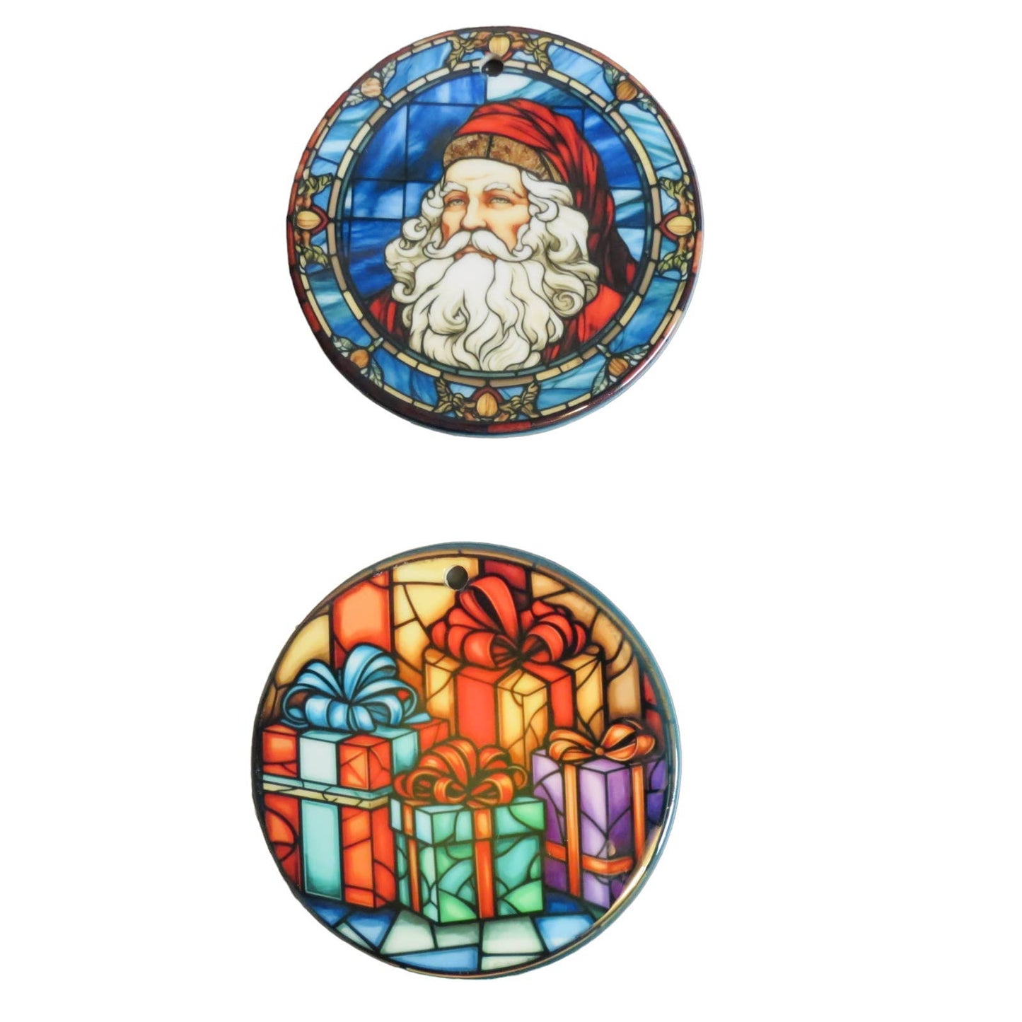 2 Sided Christmas Ornament Santa  Presents Ceramic Stained glass Look