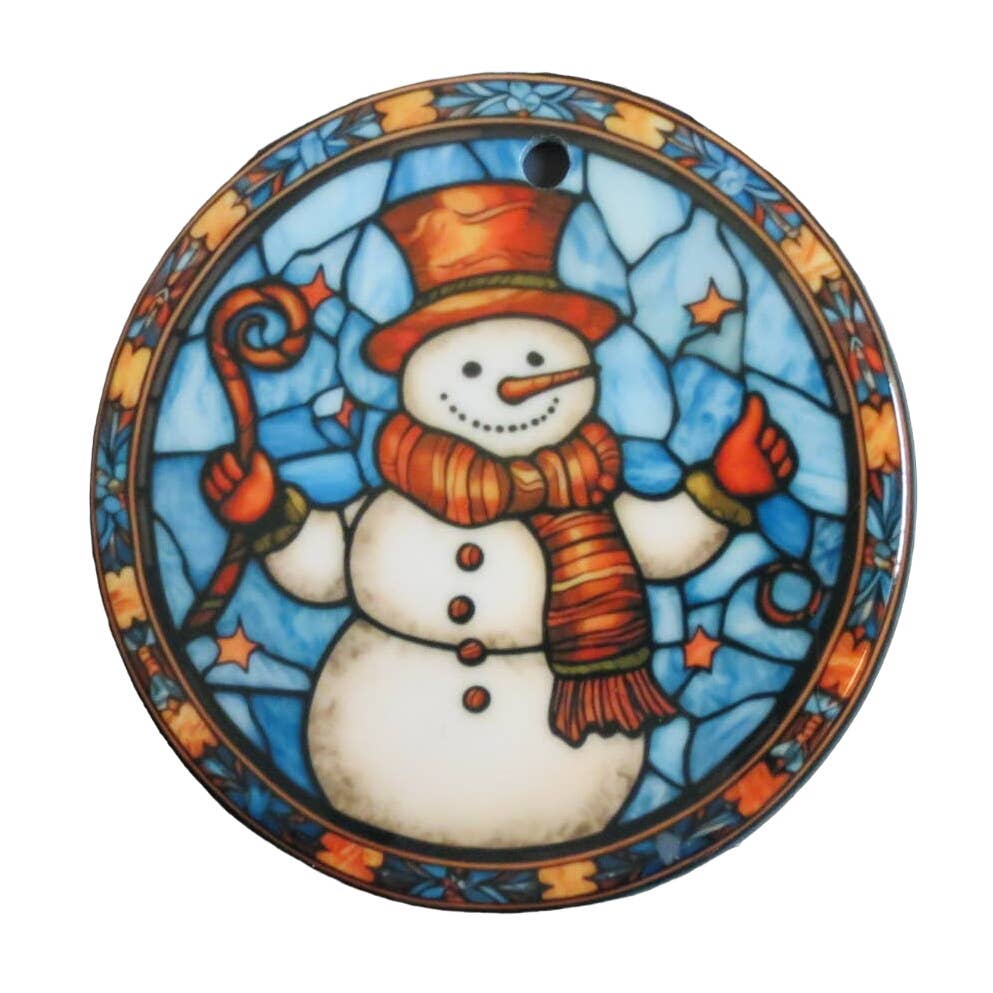 Christmas Ceramic Ornament 3 inch Snowman Stainglass Look