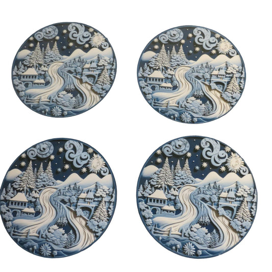 Set Of 4 Coaster Winter Scene 4 inch Hardboard