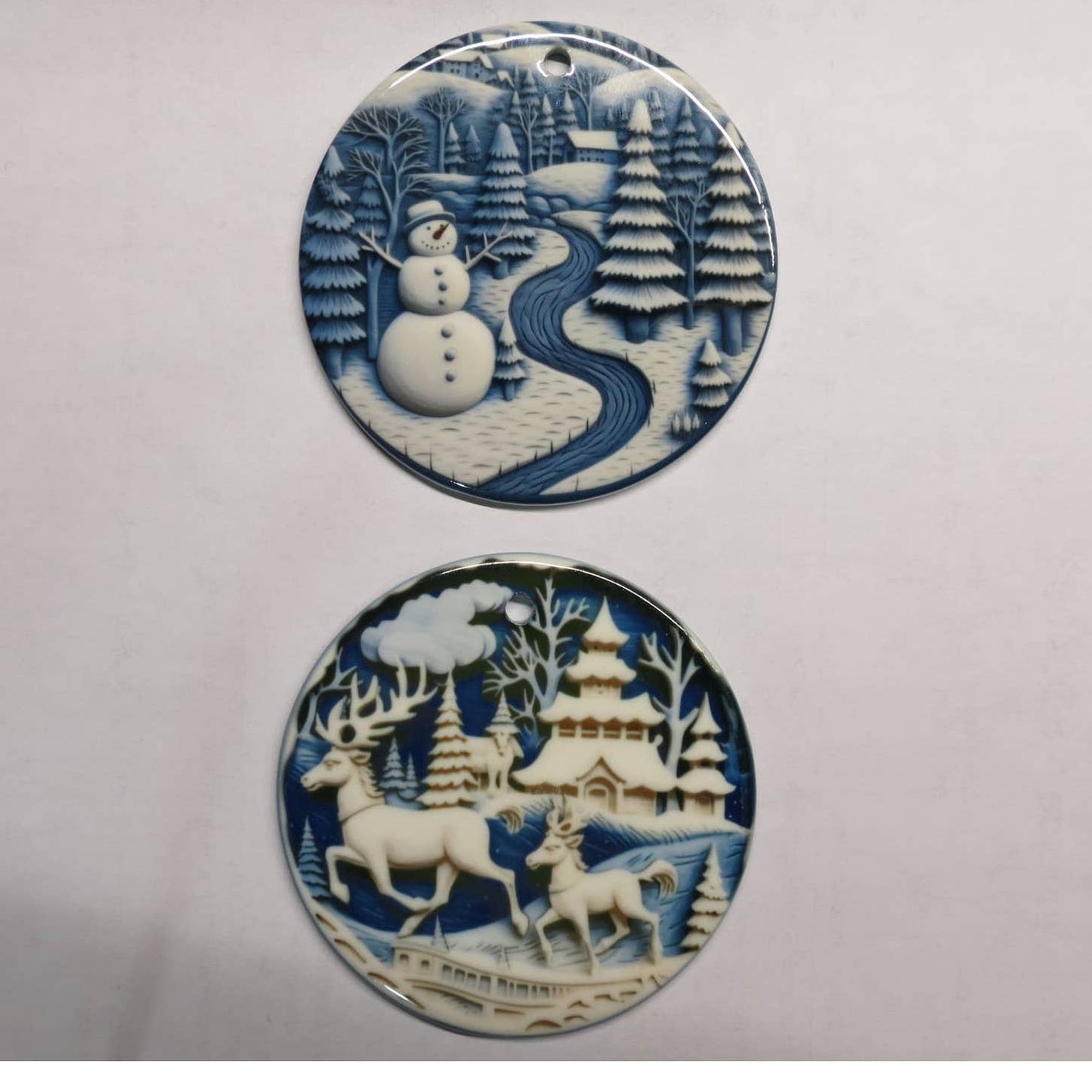 Set Of 7 Christmas Ornament Snowman Winter Scene 3 inch Blue White