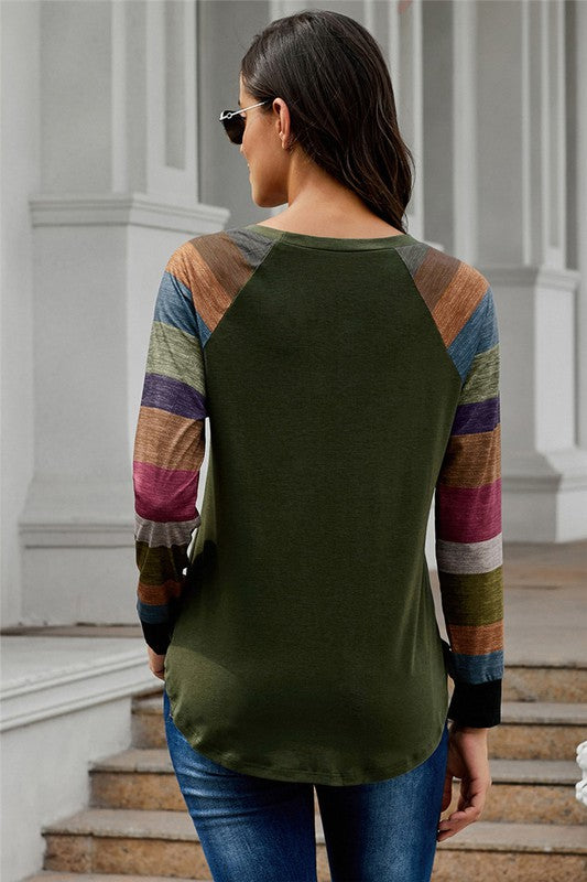 Women Color Block Long Sleeve T Shirt Green XL XXL Loose Fit