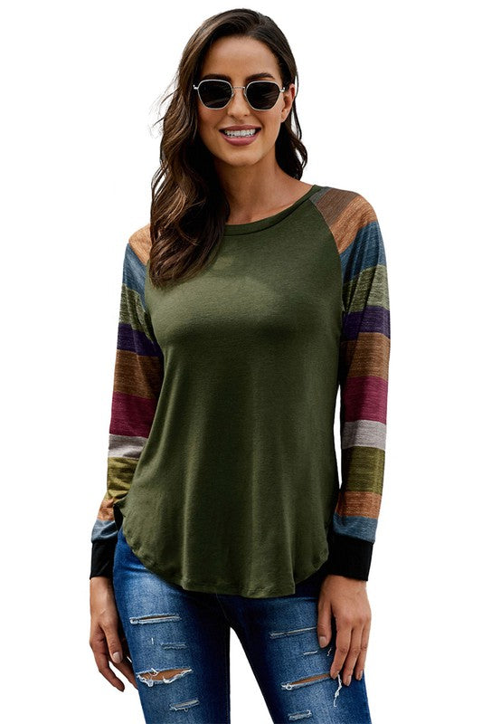 Women Color Block Long Sleeve T Shirt Green XL XXL Loose Fit