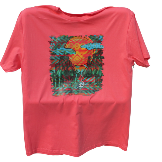 Gildan Women T Shirt M-XL Pink Western Sun Set Scene