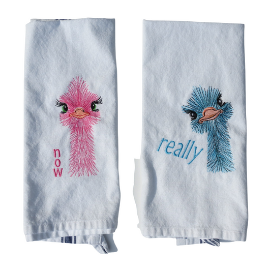 Set Of 2 Kitchen Dish Towels 25.5" x 15.5 Blue line Ostriches