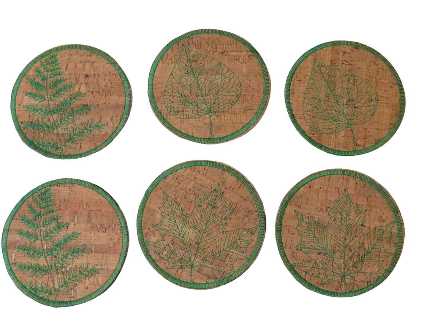 Fall Coaster Set of 6 Leaf Green Embroider Cork Fabric