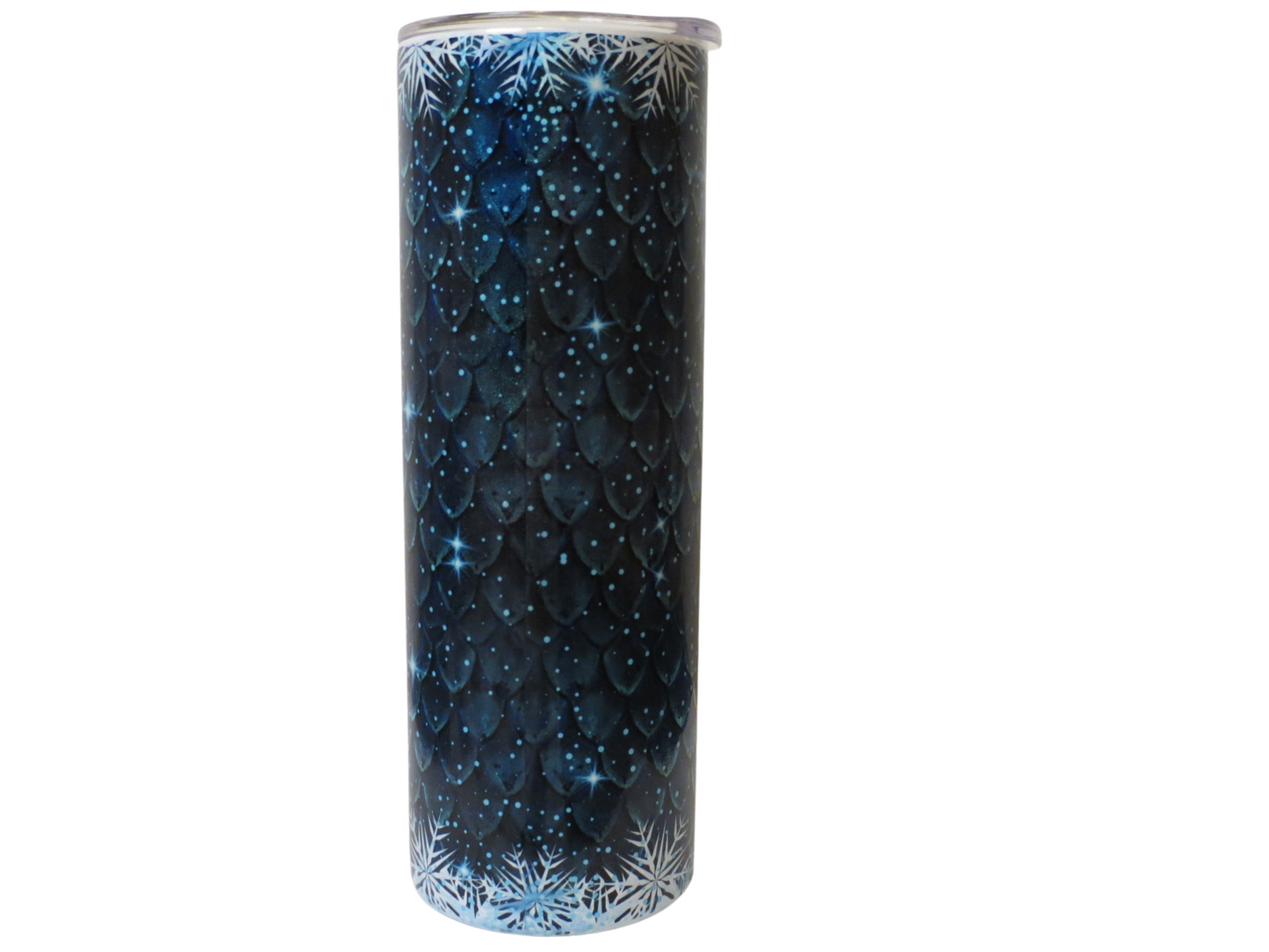 Sassy Fun Items 20 oz Metal  Glitter Tumbler  Blue Dragon With Snowflakes With Straw