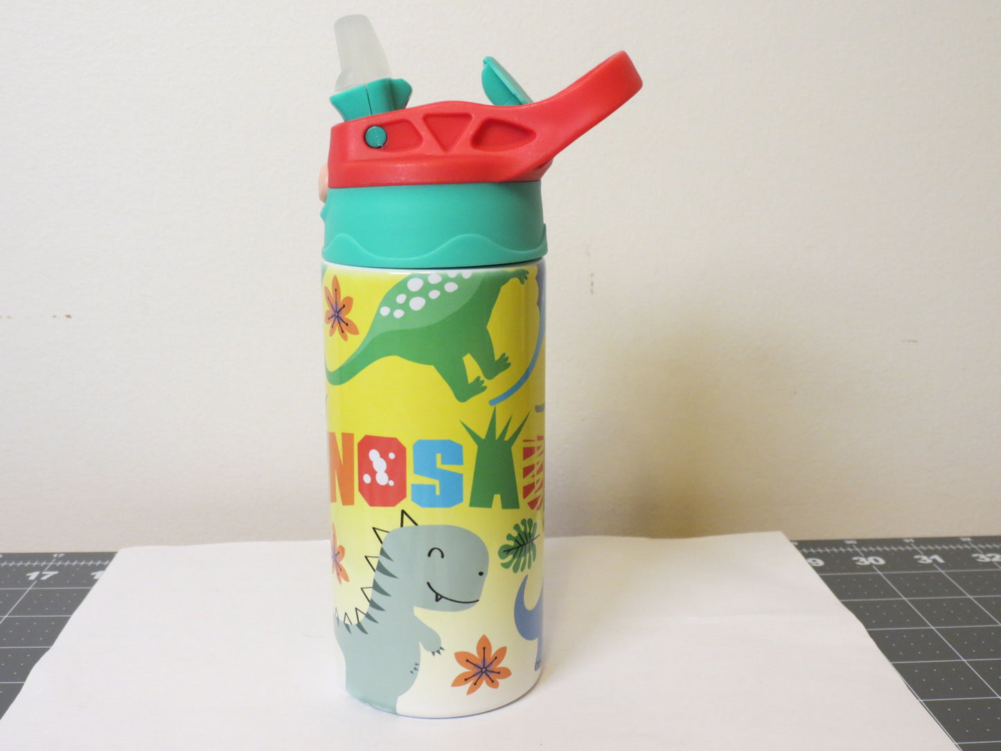 Baby / Toddler 12oz Metal Tumbler Dinosaur Push Up lid Red Top Handle