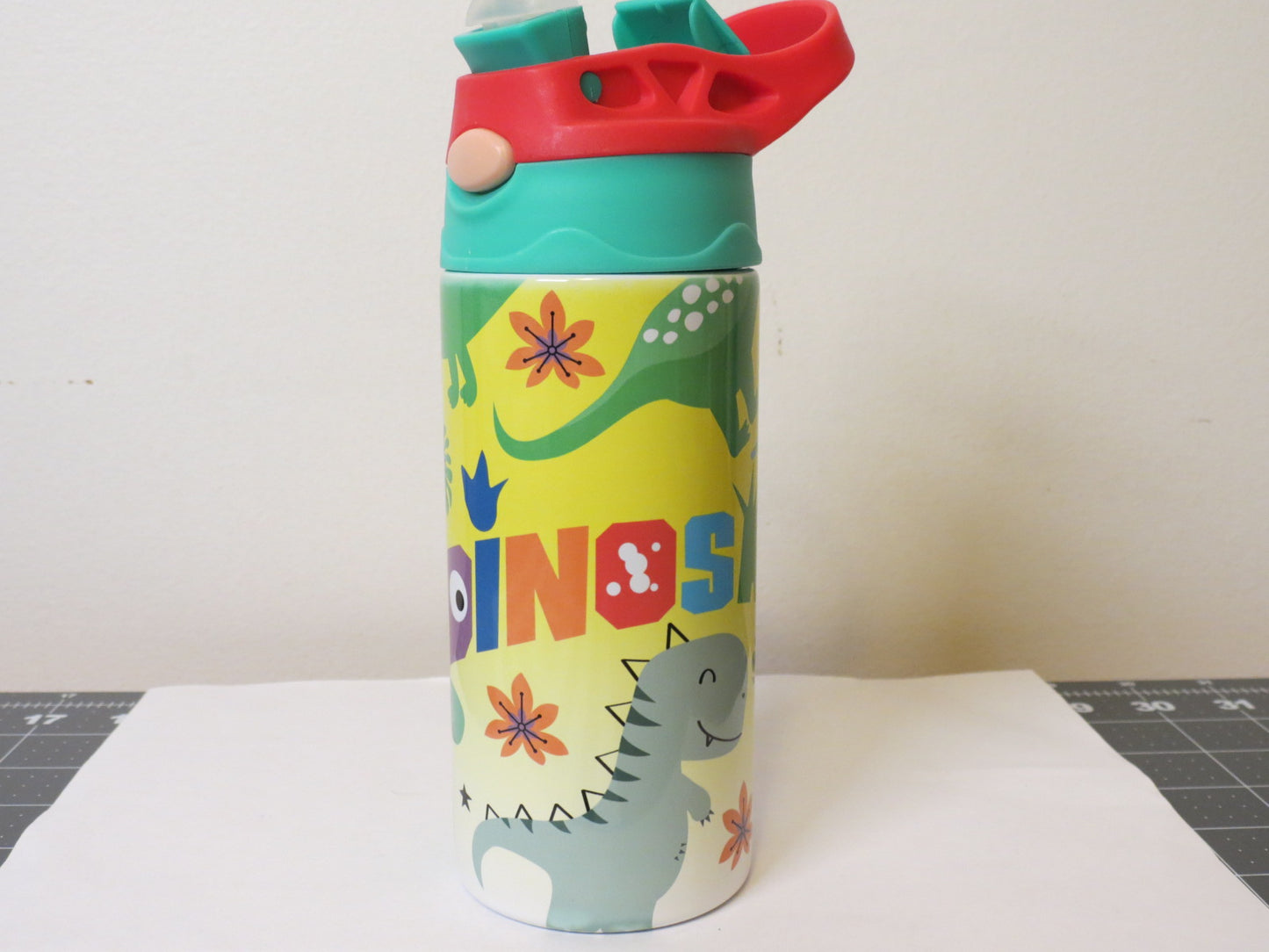 Baby / Toddler 12oz Metal Tumbler Dinosaur Push Up lid Red Top Handle