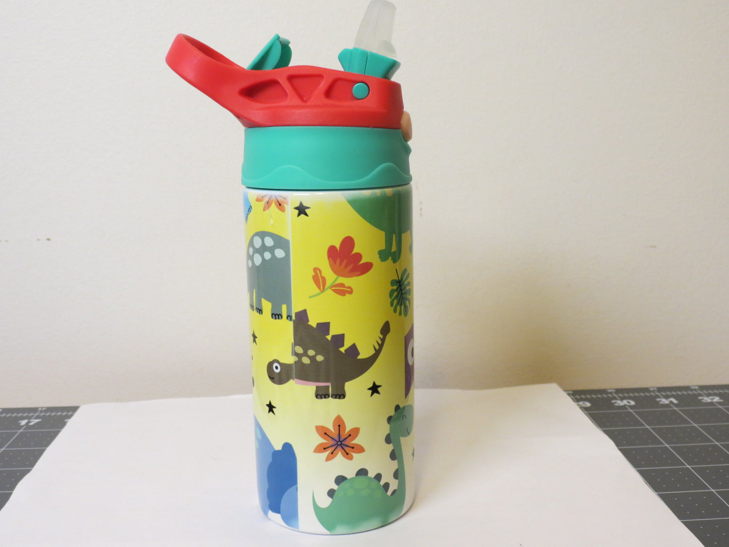 Baby / Toddler 12oz Metal Tumbler Dinosaur Push Up lid Red Top Handle