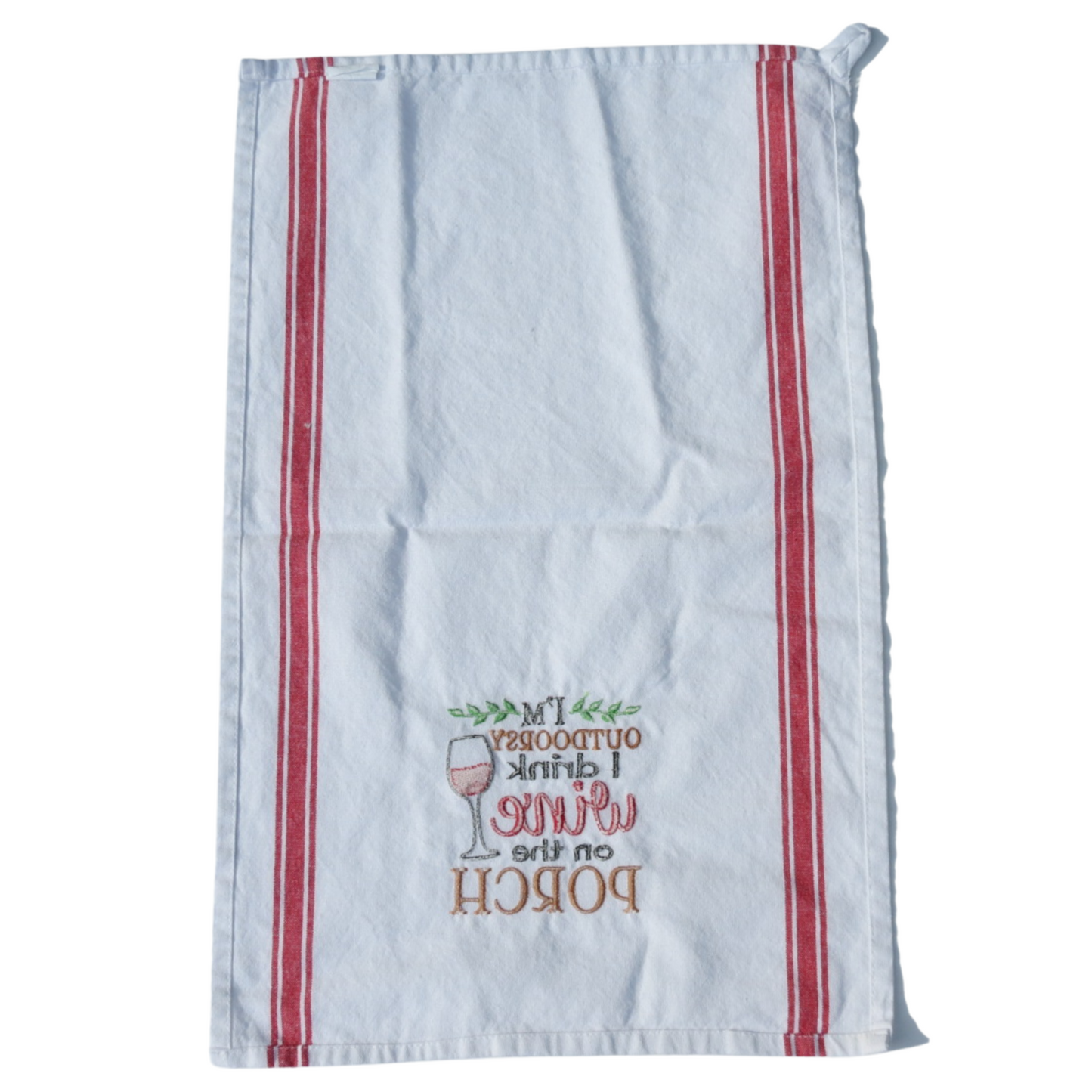 Kitchen Dish Towel 25.5" x 15.5" Funny Saying I Drink Wine On The Porch Red line