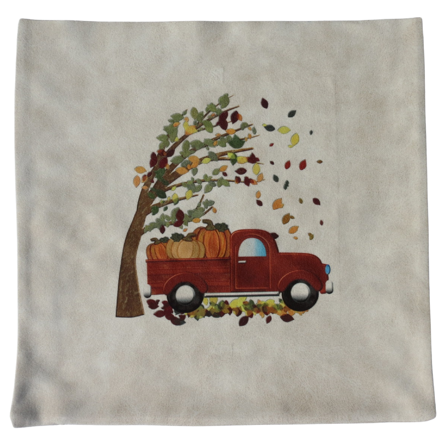 Fall Pillow Leathaire Cover 15" x 15" Tan Rustic Truck With Pumpkins